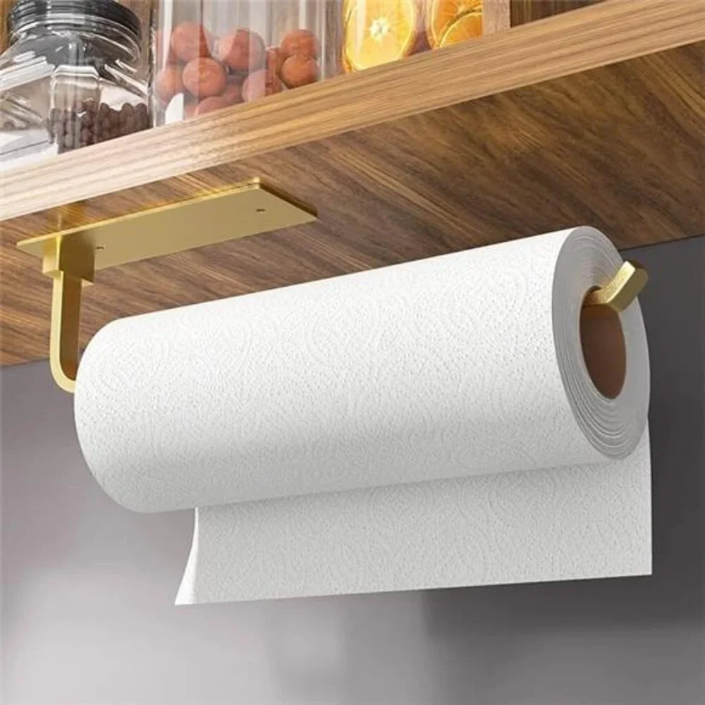 Paper Towel Holder - Self-Adhesive or Drilling, Gold, Upgraded Aluminum Kitchen